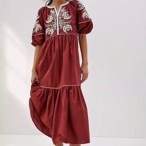 Anthropologie Greta Embroidered Maxi Dress Women’s Size XS 100% Cotton Burgundy